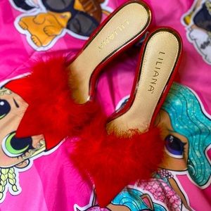 👠Red fur heels👠